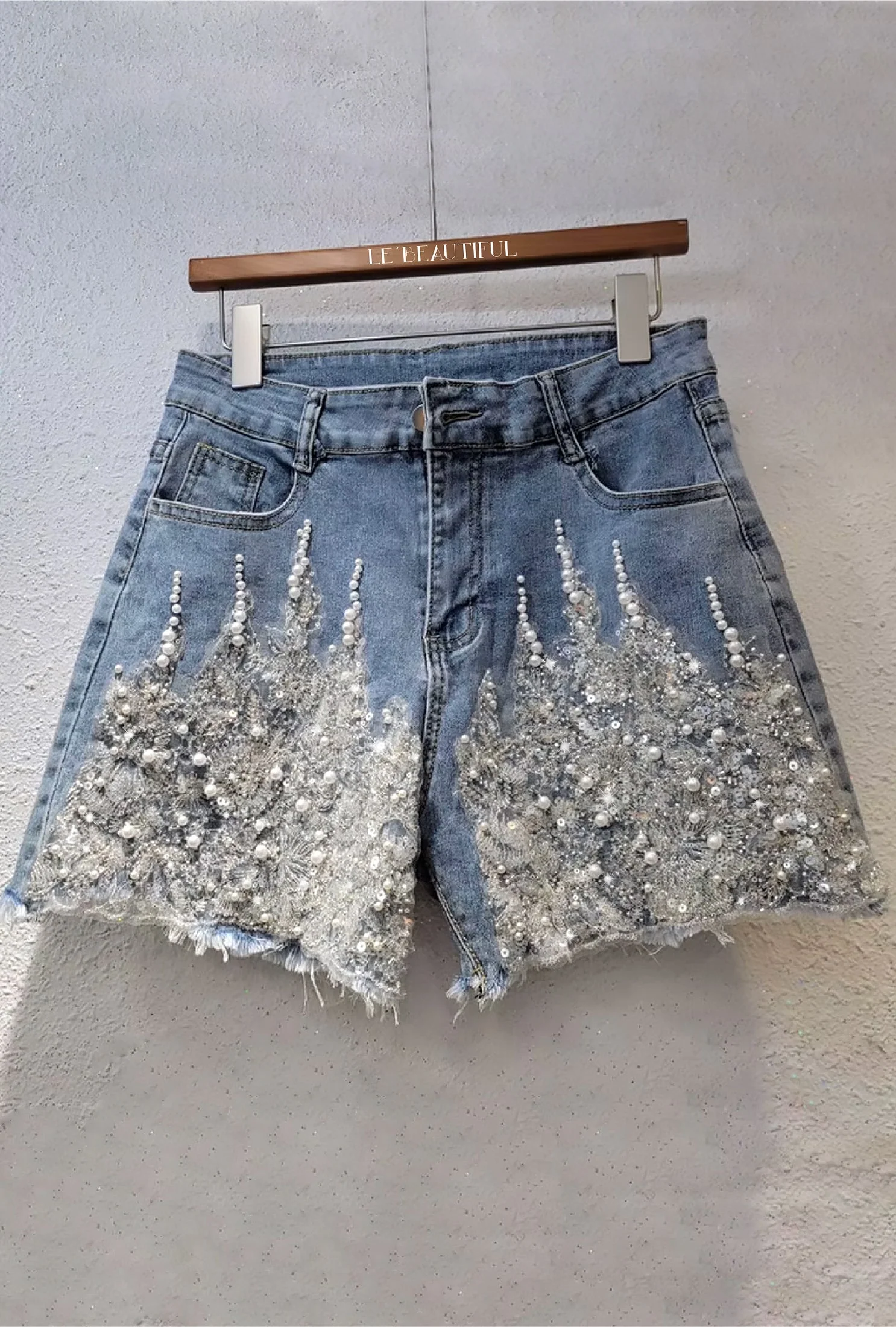CELIA - BEADS LACE MESH DENIM SHORTS - Image 3