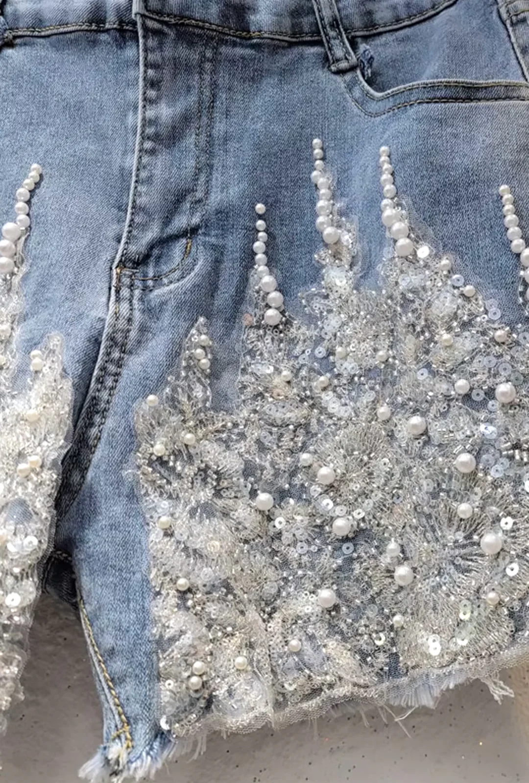 CELIA - BEADS LACE MESH DENIM SHORTS - Image 4