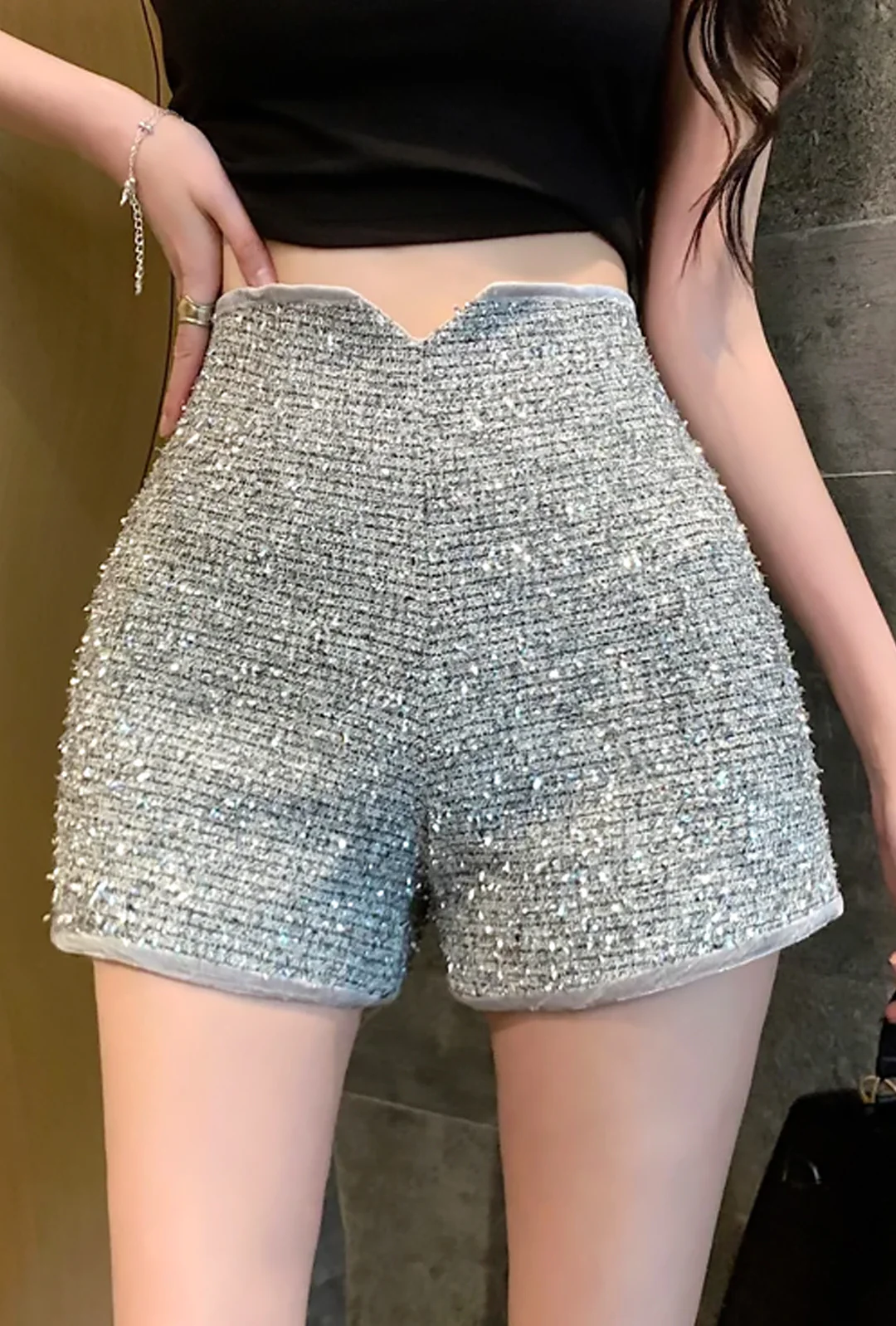 CHIVASA - SEQUINS HIGH WAIST EVENING SHORTS - Image 7