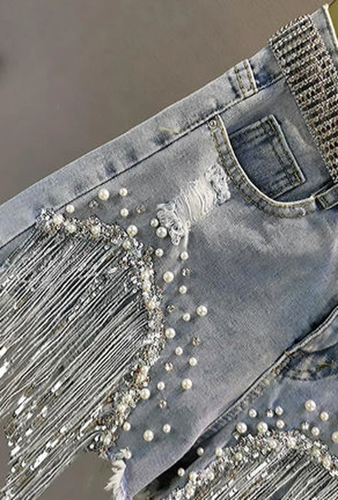 DALLAS - SEQUINS FRINGE DENIM SHORTS - Image 6
