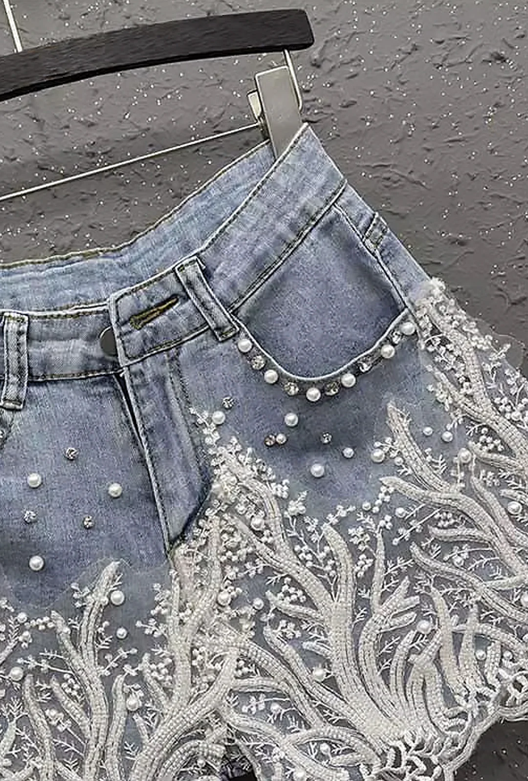 SHANTA - BEADS & STONES MESH LACE DENIM SHORTS - Image 6